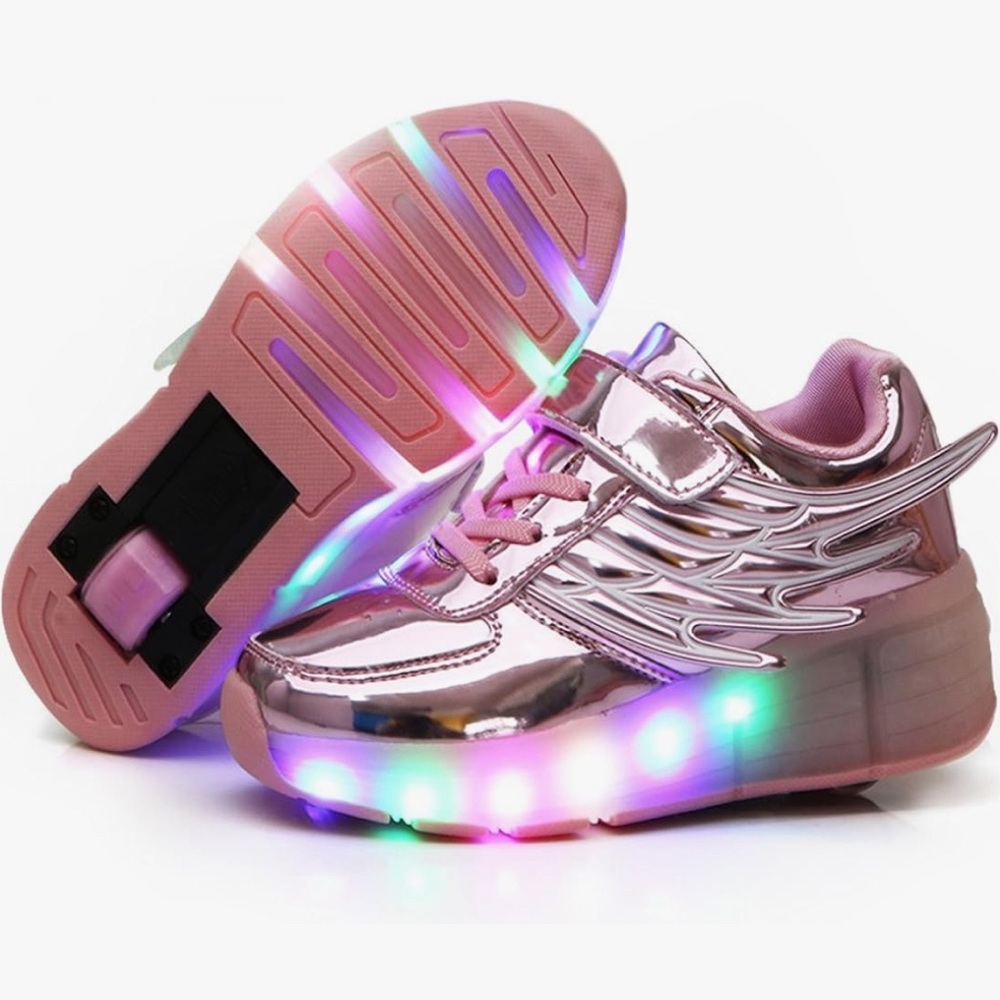Kids Light-Up Pink Metallic Sneakers with Wings